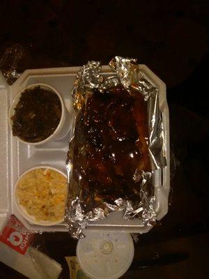 Pork ribs, Mac and cheese and greens