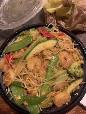 Shrimp Singapore noodles with no mushrooms, siracha,soy sauce,and duck sauce helps so much