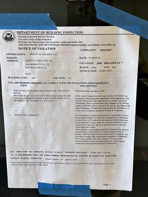 Notice of Violation by Department of Building at San Francisco