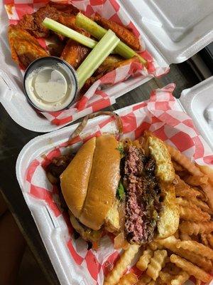 Bourbon burger with spicy wings- a MUST! It was so good I ordered it twice in the same week