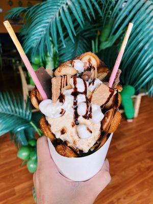 s'mores bubble waffle with vanilla ice cream