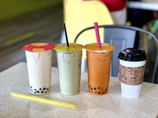 Jasmine milk tea, matcha milk tea, Thai tea & coffee. Overall good and sweet so 25-50% is better. Not a fan of the coffee.