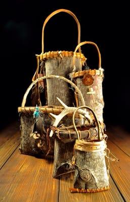 Appalachian Cherokee Traditional Tulip Poplar Bark Baskets. Each piece is hand-peeled, shaped and embellished.