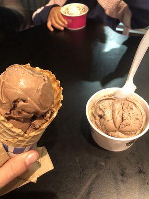 Chocolate ice cream (bottom left), cookies and cream ice cream (bottom right), strawberry ice cream (top)