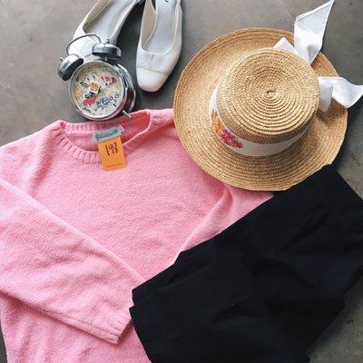 Today's haul: soft sweater, gauchos, boater hat, mules, and a vintage Sailor Moon alarm clock (total cost was less than $17!)