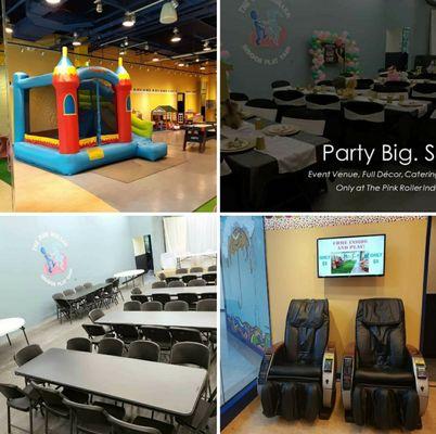 BounceLand Bounce House on play yard, private multi purpose event space separate from play yard, massage chairs near play yard