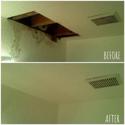 Uh-oh! Upstairs had a water leak leaving the drywall below in bad condition. Once the leak was fixed, this repair was no problem for us!