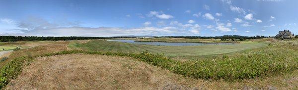 Panoramic view of the 18th fairway and green