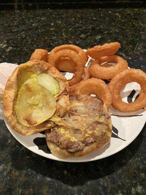 Sliders with Onion Rings. No ketchup on a true slider.