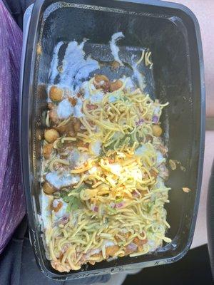 Samosa chaat- partially eaten delicious but looks a hot mess