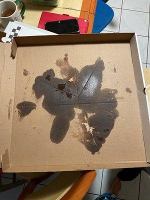 Dark grease from how long the pizza had been sitting there... Pizza damn near fused with the box