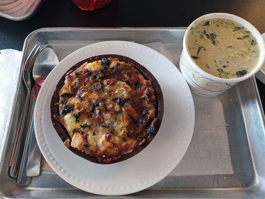 Spinach and artichoke quiche with a cream of spinach soup. Loved all of it.