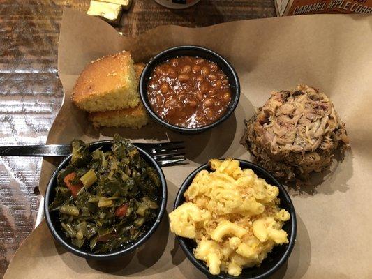 Pulled Pork, Baked Beans, Mac & Cheese, Collard Greens, Corn Bread