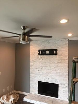 New stone @ fireplace, recess lighting