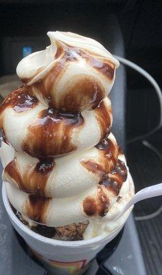 SMALL (but really giant!) vanilla soft serve with chocolate syrup. Delicious!