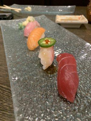 Sushi sampler - maguro, hamachi, salmon, shiro maguro ($8.95).