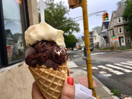 Sweet corn and trie chocolate on a waffle cone