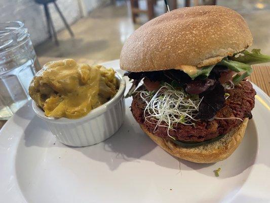 Beet burger with vegan Mac n cheese