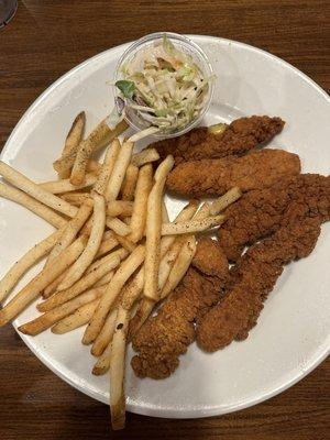 Crispy Chicken Fingers with overly peppered fries and somewhat burnt fingers.