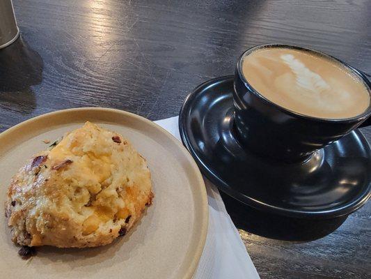 Bacon, cheese, chive scone & cappuccino