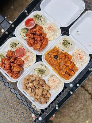 Two Mochiko Chicken's on the left, Pastele Stew top right and adobo pork bottom right.