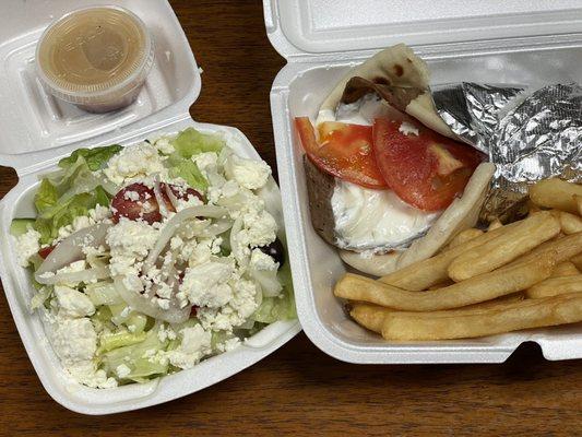 Greek salad, Gyro and fries