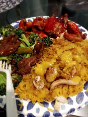 Beef and broccoli with boneless chicken fried rice