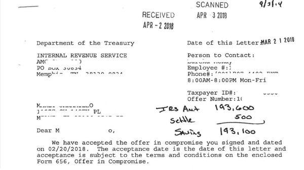 Owed the IRS $193.600.00 IRS Settlement for $500.00 Savings $193.100.00 Call Today 1-888-931-1079