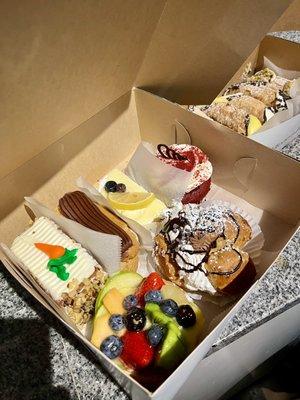 Carrot Cake Slice, Eclair, Limoncello Slice, Red Velvet Cupcake, Fruit Tart, and Cream Puff