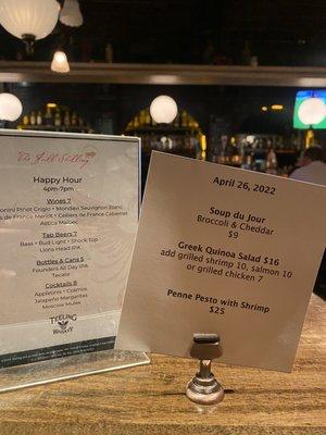 Happy hour menu and menu du jour