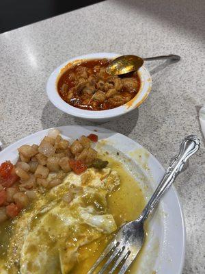 Papas ala mexicana menudo and huevos rancheros verde sauce