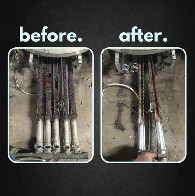 Before and After Commercial Water Heater Preventative Maintenance | A.O. Smith BTR Swordfish Burners were filled with rust