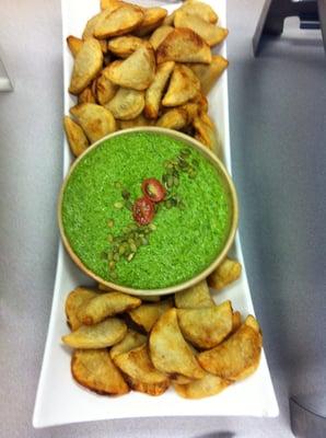 Potato & Pea Samosas with Cilantro Pumpkin Seed Pesto