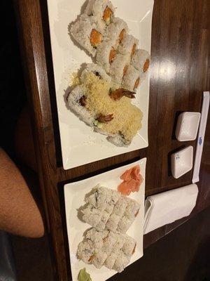 Shrimp Tempura, Spicy Salmon, 2 Spicy Tuna