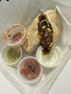 Burrito with yummy salsas.