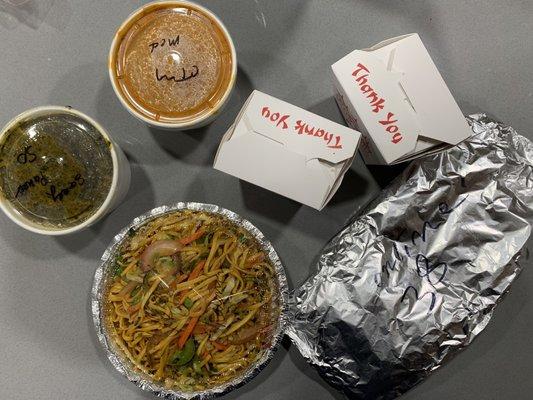 Lasooni Saag Paneer, Chicken Tikka Masala, Chow Mein Vegetable, sides of rice and Garlic Naan.