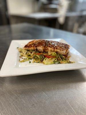 Soy Ginger Salmon over a roasted Brussels sprout medley