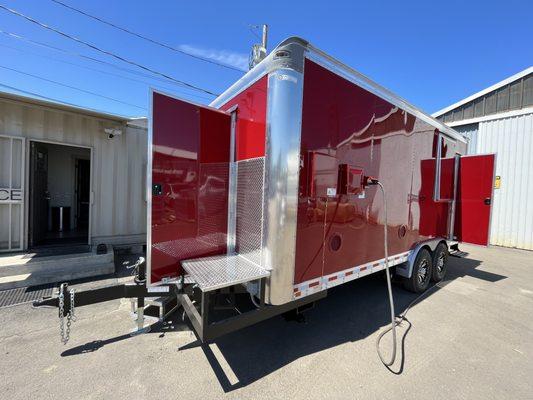 Pizza trailer built for Cascadia Pizza Co with a Fiero Forni wood-fired pizza oven installed inside.