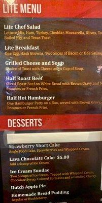 Light menu & Dessert offerings.