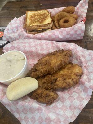 Fried pork chops and patty melt with rings