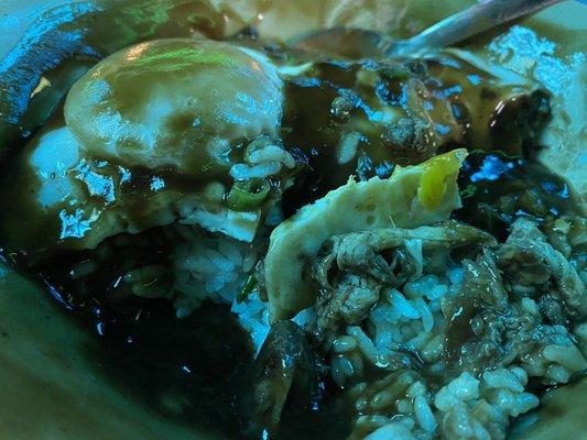 inside my Loco Moco with Kalua Pork Instead Of A Beef Patty