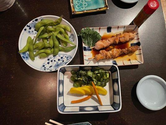 Edamame ,pickled vegetables , grilled meat