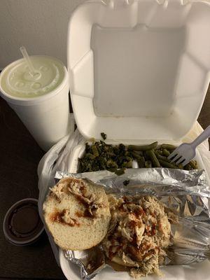 Pulled Chicken sandwich, Collard Greens, Green Beans, BBQ sauce and lemonade