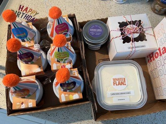 Six different flavors of flan, pie crust pinwheels, and fun festive bday decorations that everyone enjoyed :)