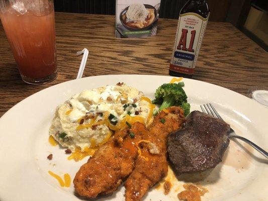 Steak, Buffalo tenders, loaded smash potatoes