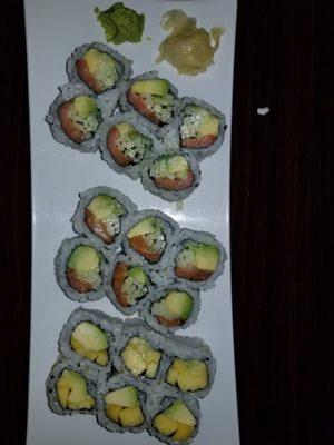 2 Alaska roll (1 fresh salmon and 1 smoked salmon) 1 roll mango and avocado