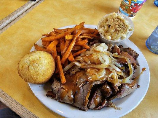 Brisket entree w/sweet potato fries amd mac and cheese.