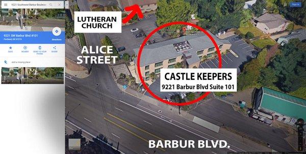 Castle Keepers is located at 9221 Barbur Blvd. Suite 101, Portland, OR 97219 on the corner of Barber Blvd. and Alice St.