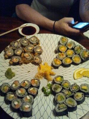 American roll, vegas roll, cucumber roll, and philadelphia roll