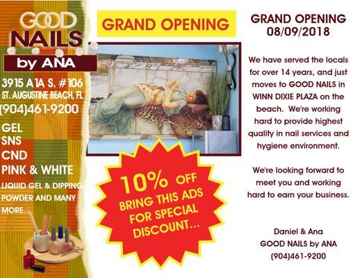 GRAND OPENING SPECIAL for during the month of August, 2018